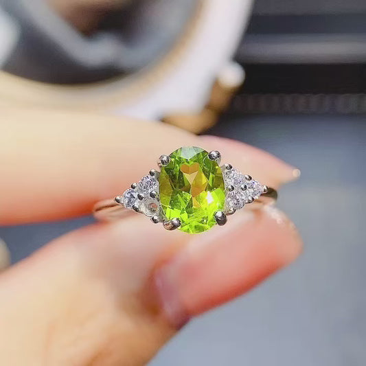 Natural Peridot Adjustable Ring, 4-Prong Minimalist Design, High Quality Gold Plated, High Clarity & Brilliance, 925 Silver Setting, 6x8mm, Open Band