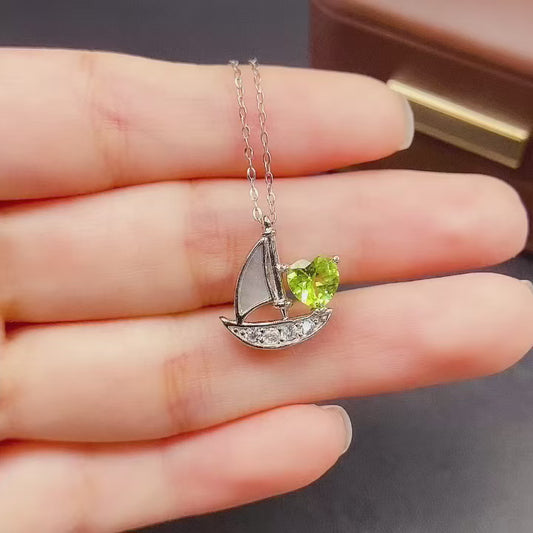 925 Silver Peridot Pendant Necklace | Natural Gem | Sailboat Design | 6x6mm Olive Green | High Quality | Summer Jewelry | Gift for Women