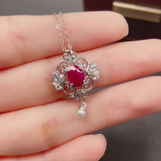 Natural Ruby Pearl Pendant 5*7mm Vintage Design High Clarity Pigeon Blood Red S925 Silver Setting Pearl Accent Light Luxury Elegant Versatile Choker Necklace Ins Style Gift