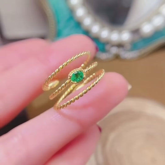 Natural Emerald Ring, Triple Band Design, 3x4mm Gemstones, Exquisite 925 Silver Setting, Symbol of Luck & Happiness
