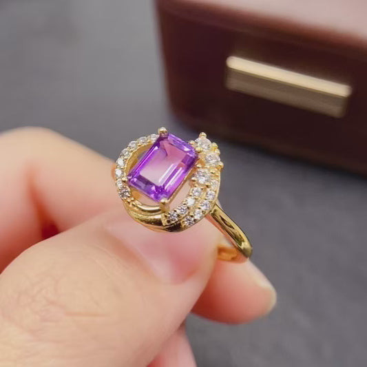 Natural Amethyst Ring | Emerald Cut | 925 Silver 5x7mm | High Quality | Fine Craftsmanship | Adjustable Open | Vintage Style Statement Jewelry