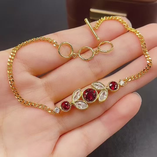 Natural Garnet Bracelet | Butterfly Simple Design Charm Bracelet | 44+66mm Genuine Stone | 925 Silver Gold Plated Jewelry | Minimalist Dainty Gift For Women