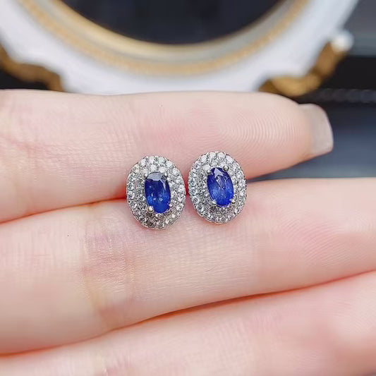 Natural Sapphire Earrings 4x5mm 925 Silver Simple Elegant Stud Fashion Jewelry for Women