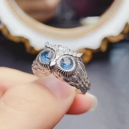 Natural Topaz Owl Ring 4*4mm London Blue Full Clean Intense Fire S925 Silver Setting Adjustable Open Ring Mystic Guardian Unique Design Dark Ins Style Gift