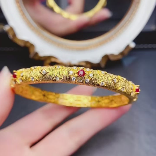Natural Ruby Bangle Gold Setting 3*3mm Diamond-Grade Clarity Intense Pigeon Blood Red S925 Silver Setting Light Luxury Vintage Versatile Thin Bangle Ins Style Gift