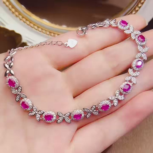 Natural Ruby Bracelet, 925 Silver Setting, Simple Elegant Design, 9pcs 3x4mm Gems, Minimalist Luxury Silver Setting
