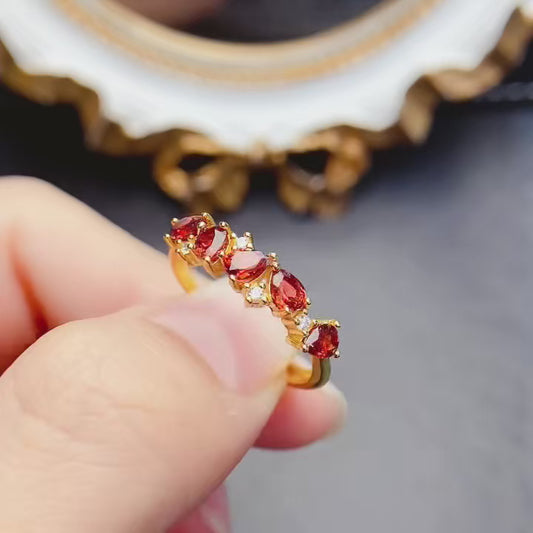 Natural Garnet Eternity Band Ring 3*4mm Gold-Plated Look High Clarity Full Fire S925 Silver Setting Adjustable Open Ring Simple Fashion Versatile Ins Style Gift
