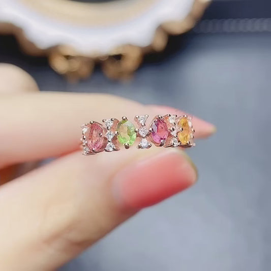 Natural Tourmaline Eternity Ring Adjustable Stacking🌟925 Silver 18K Gold/Rose Gold Plated Sparkle Minimalist Gift
