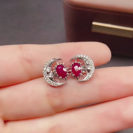 Natural Ruby Earrings Moon Star Design 925 Sterling Silver 4*6mm Dainty Sweet Fashion Jewelry for Women Purple Birthday Gift