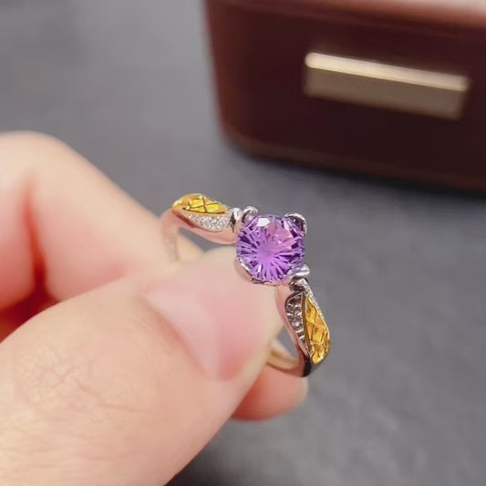Natural Amethyst Ring | Fireworks Cut Round 6x6mm | Gold Plated 925 Silver | Fine Craftsmanship | Adjustable Open | February Birthstone | Sparkling Royalty Gift