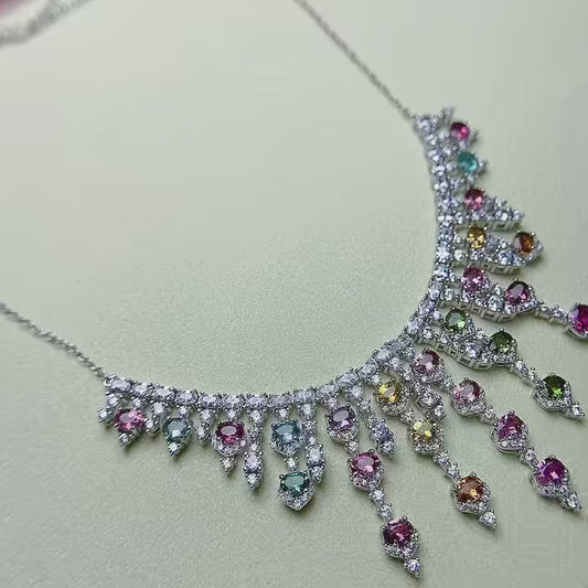 Natural Tourmaline Necklace Luxury Multicolor Sparkle🍀Crystal Clear S925 Silver Stacking Jewelry Gift