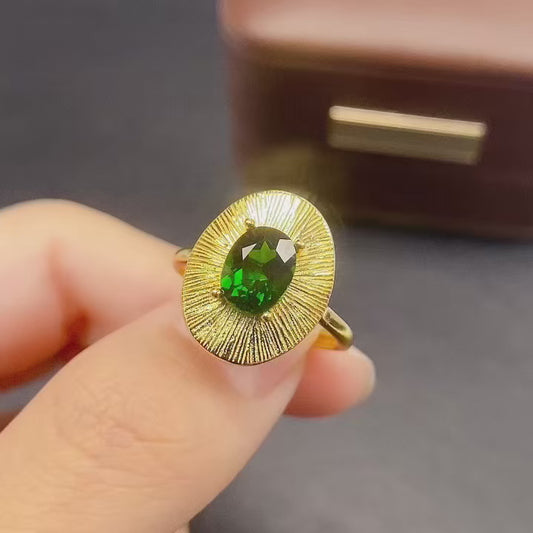 Natural Diopside Adjustable Ring 925 Sterling Silver, 6x8mm Green Gemstone Crystal Jewelry For Women, Stacking Band Dainty Sparkly Gift For Her