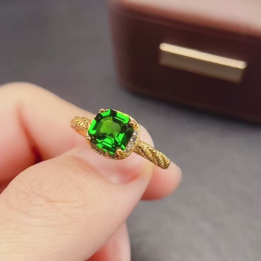 Natural Diopside Adjustable Ring 7*7mm 925 Sterling Silver Simple Fashion Green Birthday Gift