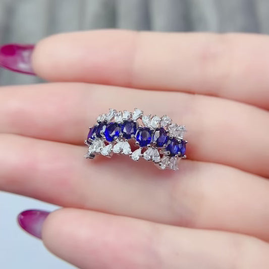 Natural Sapphire Adjustable Ring, Eternity Stacking Band Design, Pure Deep Blue, High Quality 925 Silver Setting, 3x4mm+ Gems