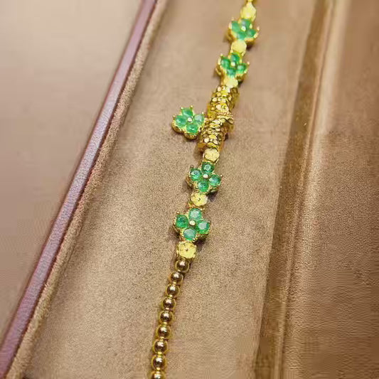 Natural Emerald Bracelet, Gold Plated Four-Leaf Clover Lucky Design with Silver Accents, 925 Silver Setting, 3x3mm Gems
