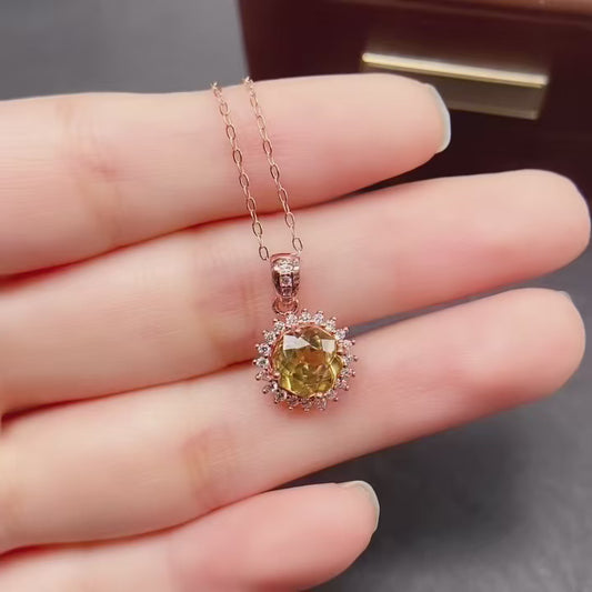 Natural Citrine Pendant Necklace, Round Cut Simple Style, High Quality 925 Silver Setting, 6x6mm+  Product Title (Chinese):