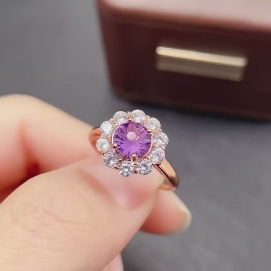 Natural Amethyst Ring Adjustable | Fireworks Faceted Cut 8x8mm Gemstone | 925 Silver Plated Statement Jewelry | Trendy Crystal Gift For Women
