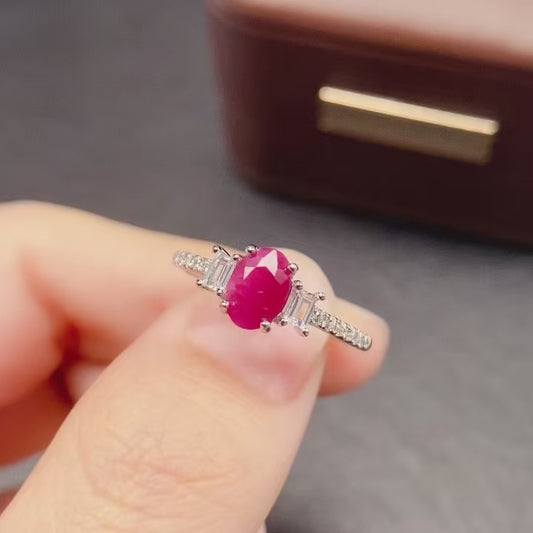 Natural Ruby Adjustable Ring 5*7mm 925 Sterling Silver Open Band Statement Jewelry for Women Elegant Birthday Gift Idea
