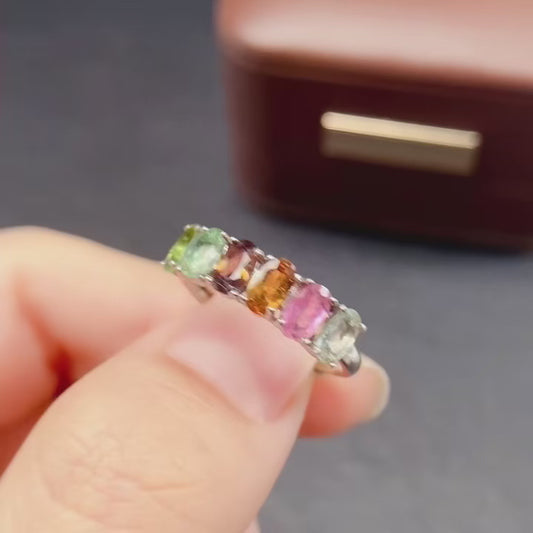 Natural Tourmaline Adjustable Ring, Eternity Stacking Band, Vibrant Color & Brilliant Fire, 925 Silver Setting, 3x5mm Gems