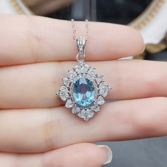Natural Swiss Blue Topaz Pendant Necklace Heart Design 7x9mm VVS Clarity Fire Flash 925 Silver Fine Jewelry For Women
