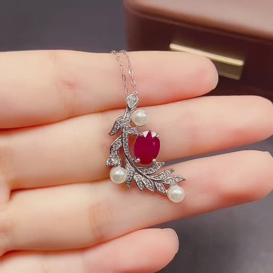 Natural Ruby & Pearl Pendant Necklace 925 Sterling Silver, 6x8mm Red Gemstone July Birthstone Energy Crystal Jewelry For Women, Dainty Choker Valentine's Day Gift