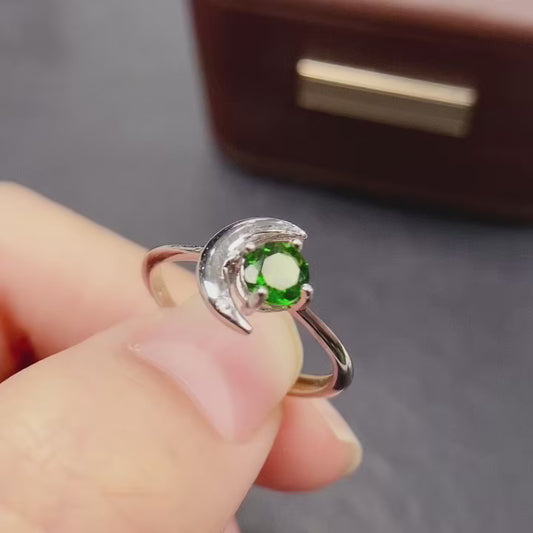 Natural Diopside Ring | Moon Shape Design 5x5mm | 925 Silver | Fine Craftsmanship | Adjustable Open | June Birthstone | Crystal Healing | Cute Green Gemstone Gift