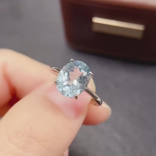 Natural Aquamarine Ring | 8x10mm Large | 4-Prong Setting | Classic Solitaire | 925 Silver | Fine Craftsmanship | Adjustable Open | March Birthstone | Transparent Dainty Gift