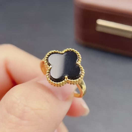Natural Agate Ring Adjustable Size 12x12mm Four Leaf Clover Design Fire Flash 925 Silver Fine Jewelry For Women