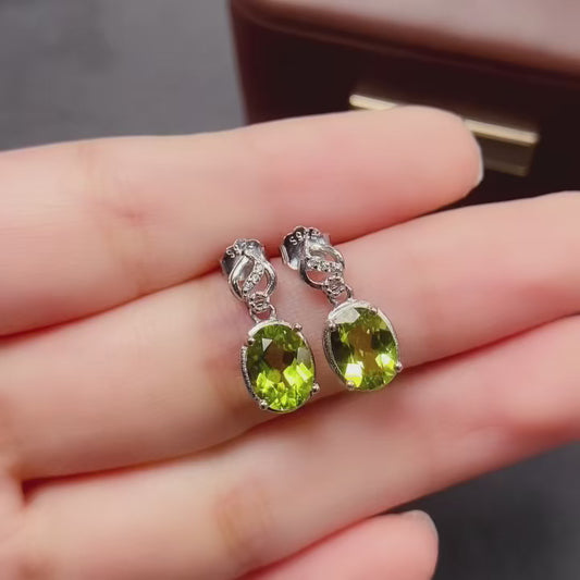 Natural Peridot Earrings | Oval Design Dangle Style | Super Fresh Mint Green Color | High Quality Sparkle | 925 Silver Exquisite Setting | 6*8mm Statement Earrings | Refreshing Crystal Jewelry For Women