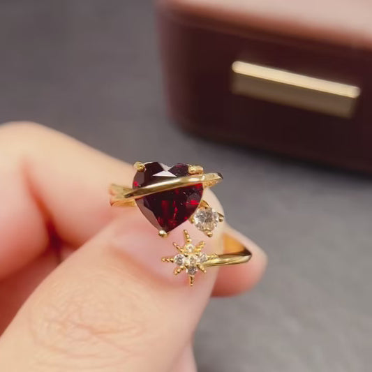 Natural Garnet Adjustable Ring Heart Star Design 8*8mm 925 Sterling Silver Delicate Fashion Jewelry for Women Elegant Birthday Gift Idea