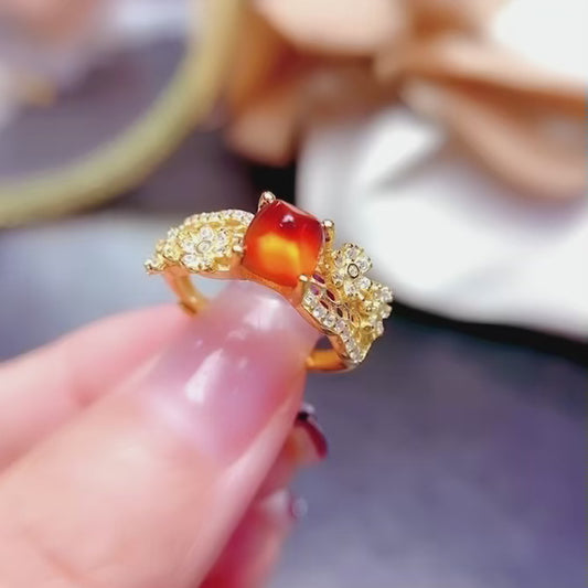 Natural Fanta Garnet Sugar Loaf Cut Adjustable Ring 6*6mm Gold Setting Simple Design Full Clean High Clarity Vibrant Fanta Color S925 Silver Setting Light Luxury Minimalist Ins Style Gift
