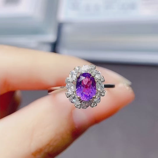 Natural Amethyst Adjustable Ring 5*7mm Big Gem Rich Purple Full Clean Intense Fire S925 Silver Setting Simple Fashion Light Luxury Minimalist Ins Style Gift 💍