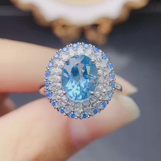 Natural Topaz Ring Adjustable Royal Blue🔮Crystal Clear S925 Silver Wealth Stone Lucky Jewelry Gift