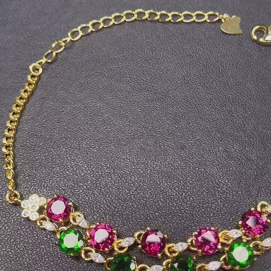 Natural Diopside & Pyrope Garnet Bracelet | Double Chain Design | Clean Gemstones 5x5mm Square | 925 Silver | Fine Craftsmanship | June & January Birthstones | Two-Tone Luxury Gift