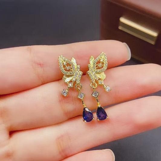 Natural Sapphire Earrings Ear Drop 2-in-1 4*6mm Gold Bowknot Super Cute S925 Silver Setting Rich Cornflower Blue High Clarity Full Fire Light Luxury Minimalist Design Versatile Ins Style Gift
