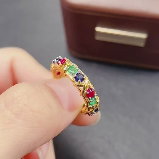 Natural Ruby Sapphire Emerald Ring Adjustable | 3x3mm Tri-color Gemstone Stacking Ring | 925 Silver Micro-Inlay Dainty Jewelry | Minimalist Crystal Gift