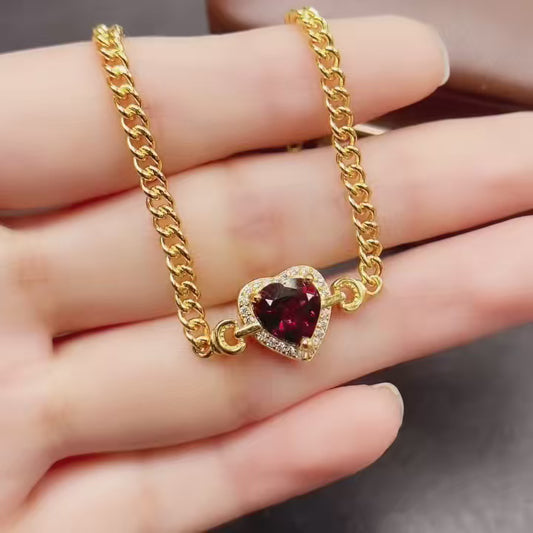 Natural Garnet Bracelet, Heavy Craftsmanship Heart Design, High Quality 925 Silver Setting, 8x8mm+ Gems