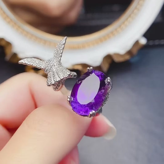 Natural Amethyst Adjustable Ring High Clarity Brilliant Luster 10*14mm Stone 925 Silver Setting Unique Design Light Luxury Gift