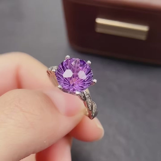 Natural Amethyst Ring | Fireworks Cut Round 10x10mm | Large Stone | 925 Silver | Fine Craftsmanship | Adjustable Open | February Birthstone | Brilliant Sparkle Gift