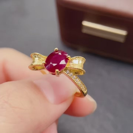 Natural Ruby Ring | Bow Knot Design | Gold Color 925 Silver 6x8mm | High Quality | Fine Craftsmanship | Adjustable Open | Sweet Luxury Birthday Gift