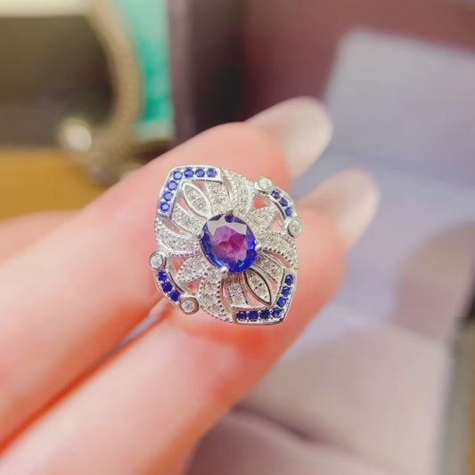 Premium Natural Sapphire Adjustable Ring, Vintage Design, Deep Serene Blue, Mysterious Charm, 925 Silver Setting, 5x6mm+ Gem