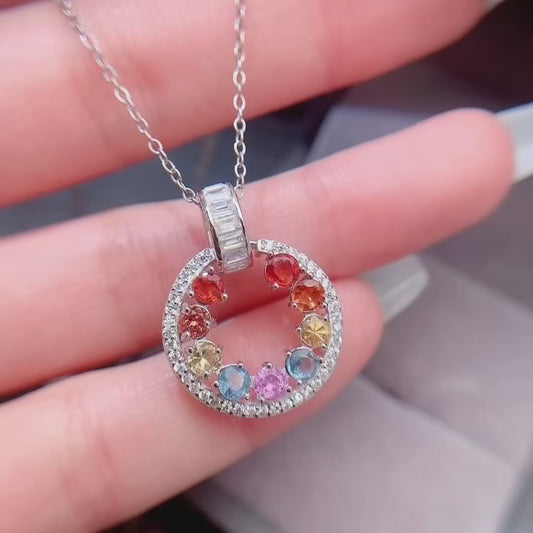 Natural Multi-Color Sapphire Pendant, Round Red Pink Blue Sapphire, 925 Silver 18k Gold Plated, Minimalist Daily Jewelry, Best Gift for Her