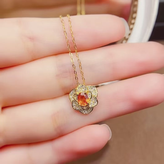 Natural Fanta Garnet Pendant Necklace, Gold Flower Design, 925 Silver Setting, Simple & Elegant, Beautiful Color, 4x5mm Gem