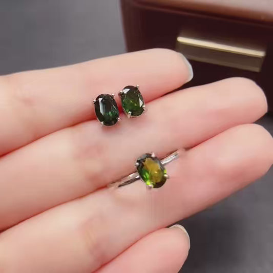 Natural Tourmaline Jewelry Set Earrings & Ring, Simple Daily Style, High Quality 925 Silver Setting, 5x7mm+ Gems