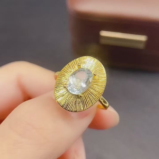 Natural Aquamarine Adjustable Ring 925 Sterling Silver, 6x8mm March Birthstone Blue Gemstone Crystal Jewelry For Women, Dainty Sparkly Gift For Her