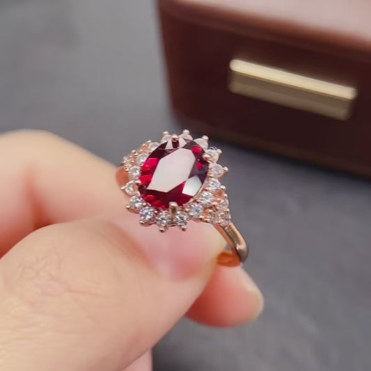 Natural Garnet Ring | Rose Gold Plated Bezel Set | 925 Silver 7x9mm | High Quality | Fine Craftsmanship | Adjustable Open | Vintage Style Birthday Gift