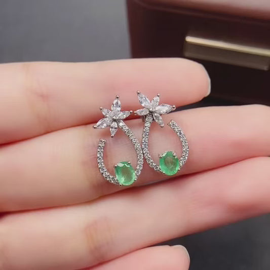 Natural Emerald Earrings | Floral Hoop Cute Design | Face Slimming Style | Super Rich Green Color | High Quality Sparkle | 925 Silver Exquisite Setting | 4*5mm Daily Youthful | Trendy Birthday Gift