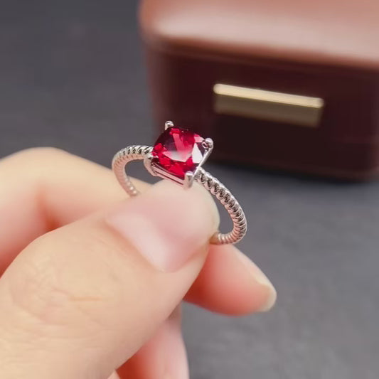 Natural Magnesium Aluminum Garnet Adjustable Ring, Simple 4-Prong Design, Vibrant Color & Brilliant Fire, 925 Silver Setting, 6x6mm Gem