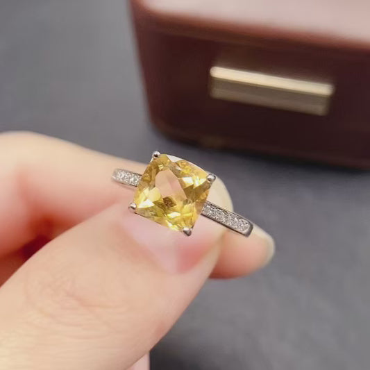 Natural Citrine Adjustable Ring 8*8mm Square Cut 925 Silver Wealth Gold Orange Simple Luxury Birthday Gift