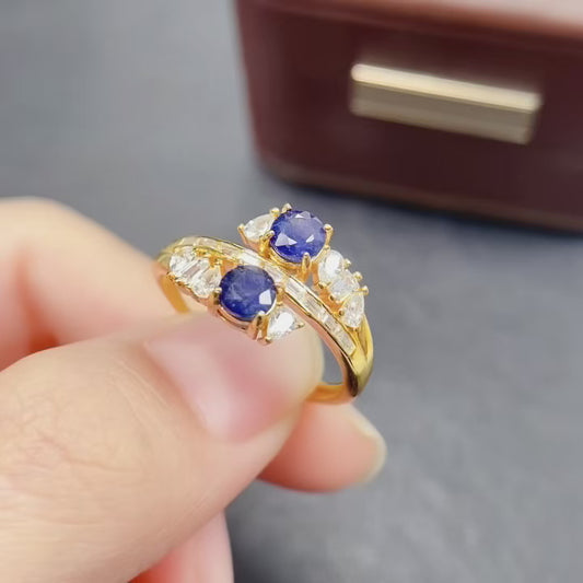 Natural Sapphire Ring Adjustable Light Luxury Two Stones👑Fashion Gold Silver Base🔥High Quality 925 Silver Fine Jewelry Gift